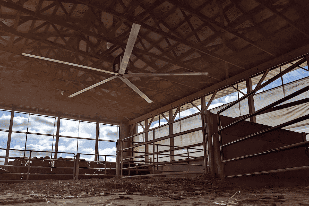 20 foot commercial air circulating fan in an agricultural post barn