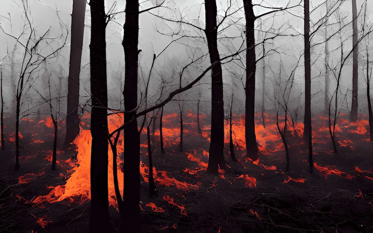 wildfire burning through trees in a forest