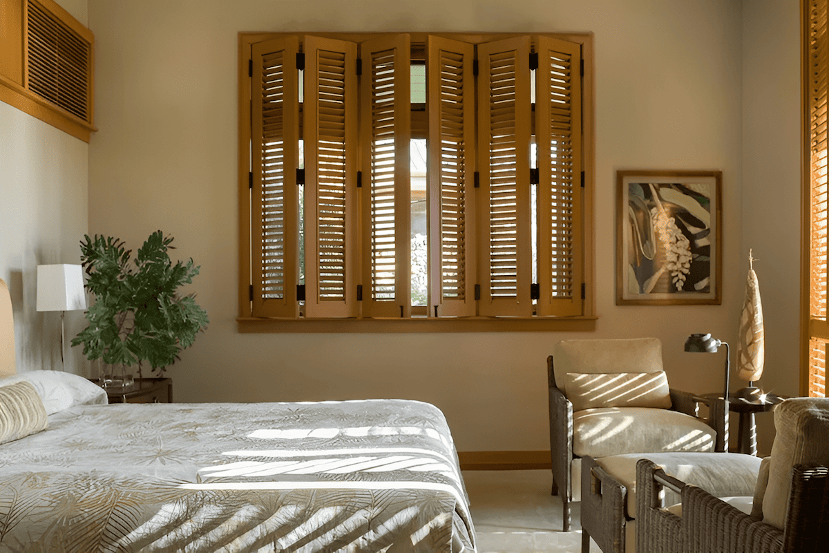 stained walnut louvered wood shutters