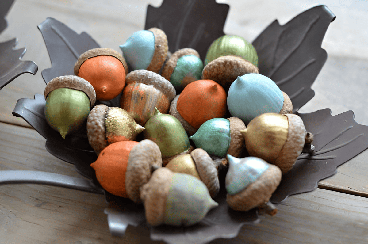 bowl of painted acorns from a red oak tree