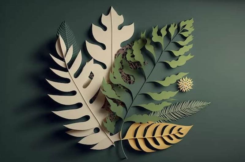 a collection of paper cut leaves