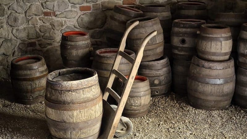 oak wood barrels in a wine cellar