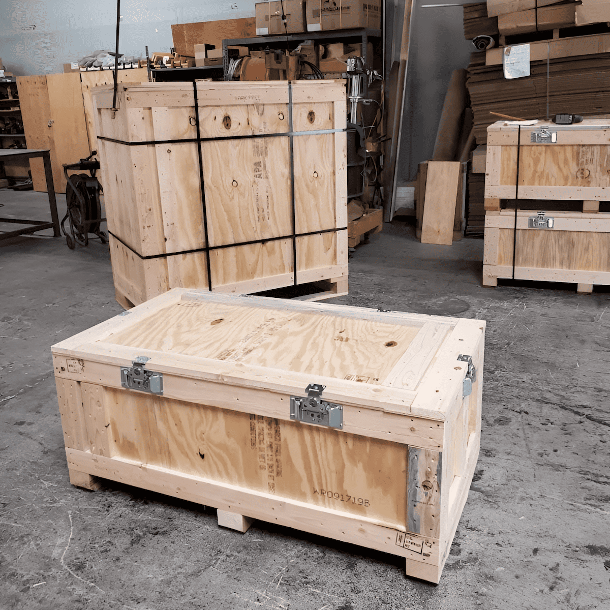 wood crates with built in integrated wood pallets for shipping heavy loads