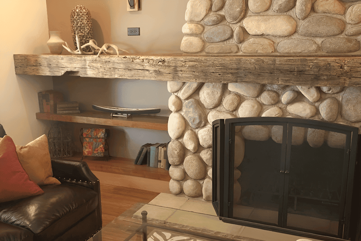 heavy timber wood fireplace mantel and shelf