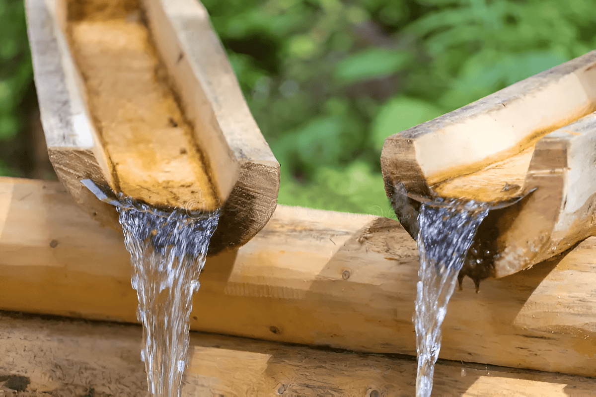 wood gutters pouring water into wood barrels