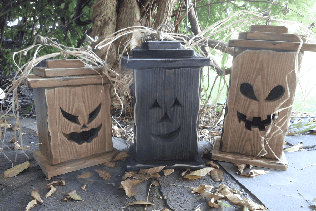 outdoor spooky Halloween hanging lanterns made of reclaimed wood